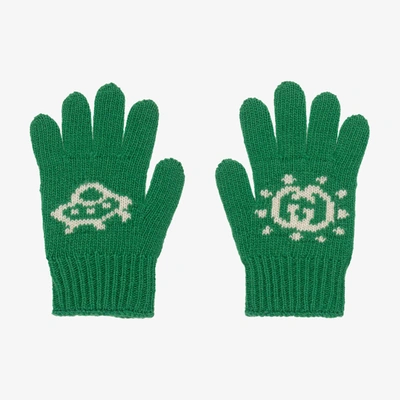 Shop Gucci Boys Green Wool Interlocking G Gloves