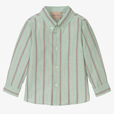 Shop Gucci Boys Green Cotton Striped Square G Shirt