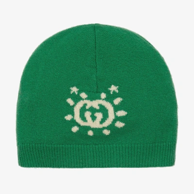 Shop Gucci Boys Green Wool Interlocking G Beanie Hat