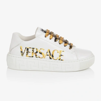 Shop Versace White Leather Barocco Trainers