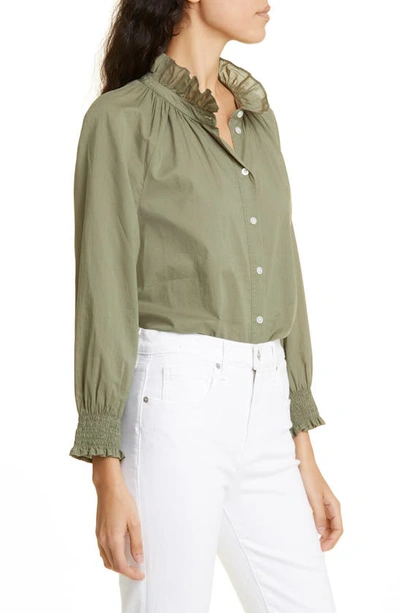 Veronica Beard Calisto Ruffle Collar Cotton Button-up Shirt In Bright Army