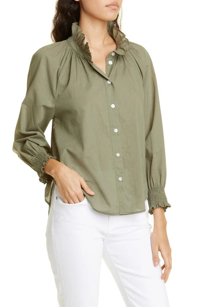 Veronica Beard Calisto Ruffle Collar Cotton Button-up Shirt In Bright Army