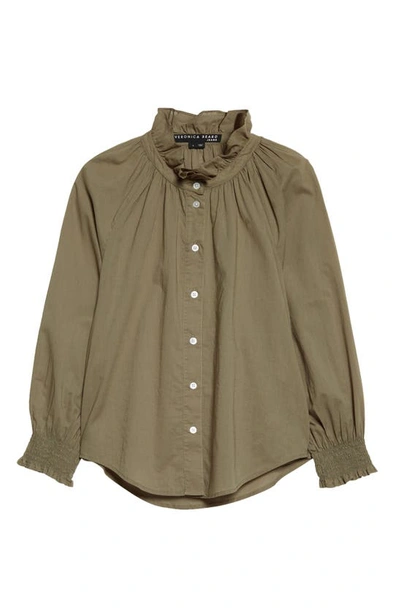 Veronica Beard Calisto Ruffle Collar Cotton Button-up Shirt In Bright Army