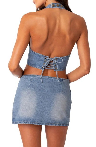 Edikted Katrina Lace-up Denim Corset Halter Top In Blue