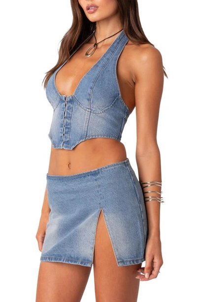 Edikted Katrina Lace-up Denim Corset Halter Top In Blue