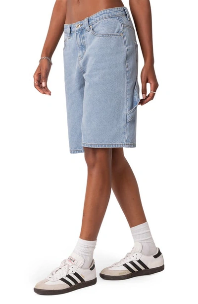 Edikted Low Rise Bermuda Denim Carpenter Shorts In Light-blue