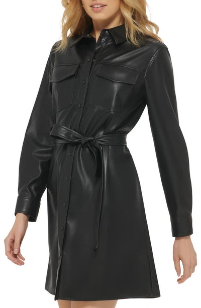 Shop Dkny Long Sleeve Faux Leather Shirtdress In Black