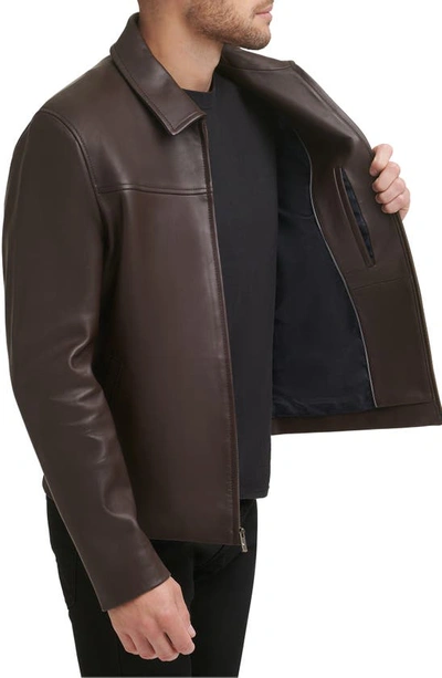 Shop Cole Haan Smooth Lamb Leather Collared Jacket In Java