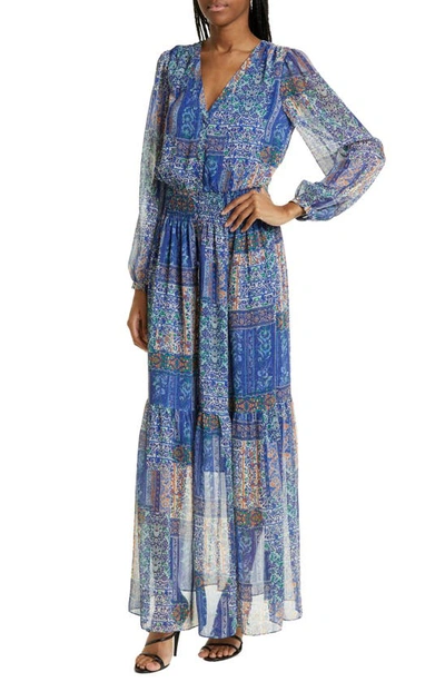 Shop Ramy Brook Bobbi Patchwork Long Sleeve Dress In Cabana Blue Multi
