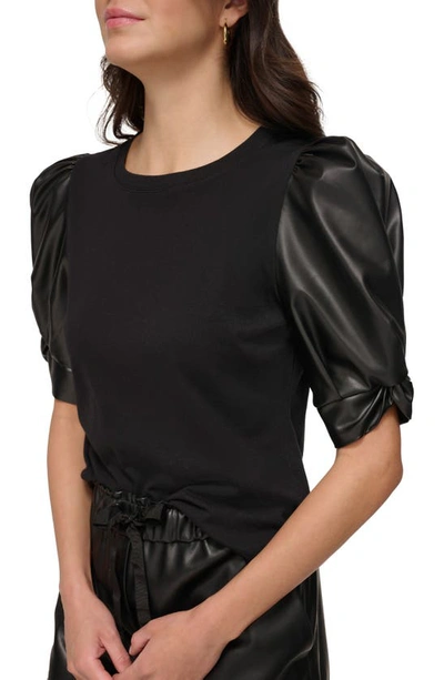 Shop Dkny Faux Leather Sleeve Top In Black/ Black