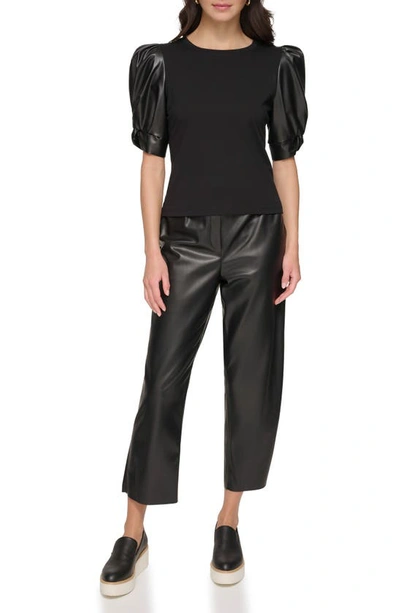 Shop Dkny Faux Leather Sleeve Top In Black/ Black