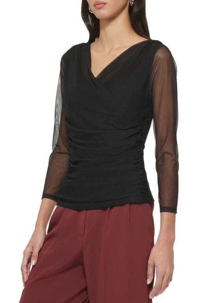 Dkny Surplice Mesh Top In Black