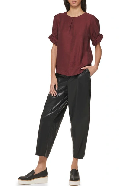 Shop Dkny Ruffle Cuff Hammered Satin Blouse In Cabernet