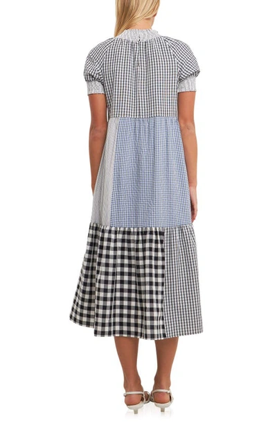 Shop English Factory Patchwork Gingham Midi Dress In Black Multi