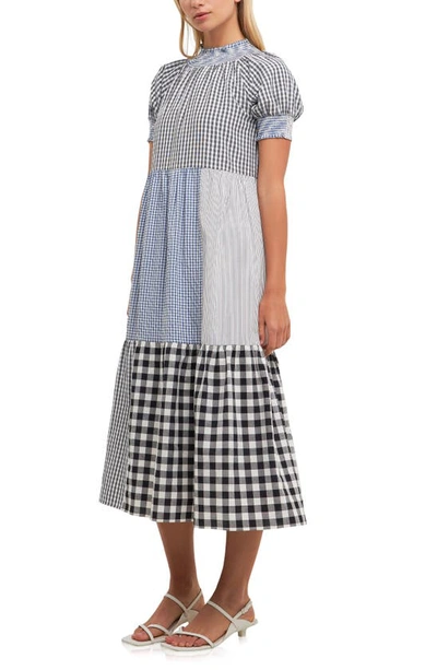 English Factory Patchwork Gingham Midi Dress In Black Multi