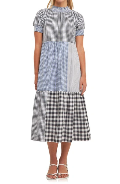 English Factory Patchwork Gingham Midi Dress In Black Multi