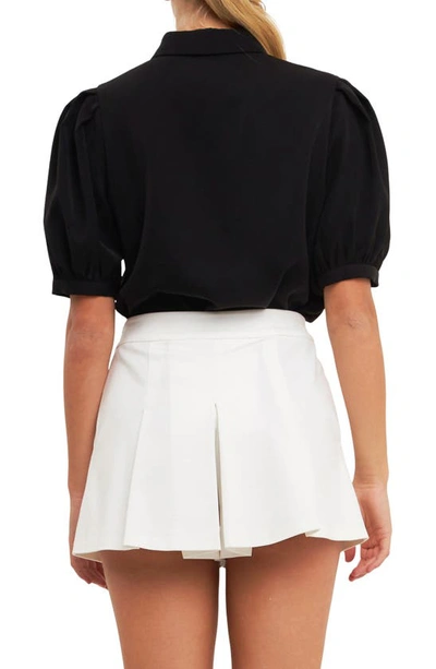 English Factory Puff Sleeve Embellished Button-up Blouse In Black