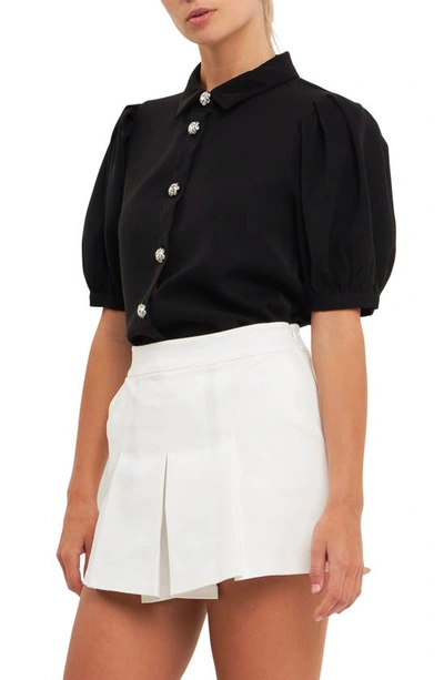 English Factory Puff Sleeve Embellished Button-up Blouse In Black