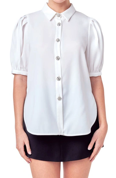 Shop English Factory Puff Sleeve Embellished Button-up Blouse In White