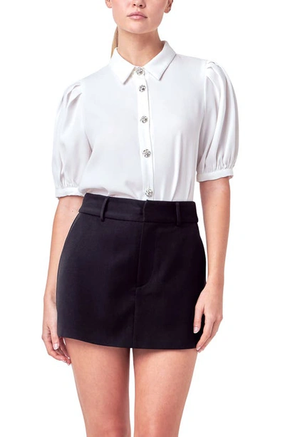 English Factory Puff Sleeve Embellished Button-up Blouse In White