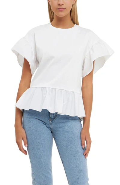 Shop English Factory Mixed Media Flutter Sleeve Peplum Cotton Top In White