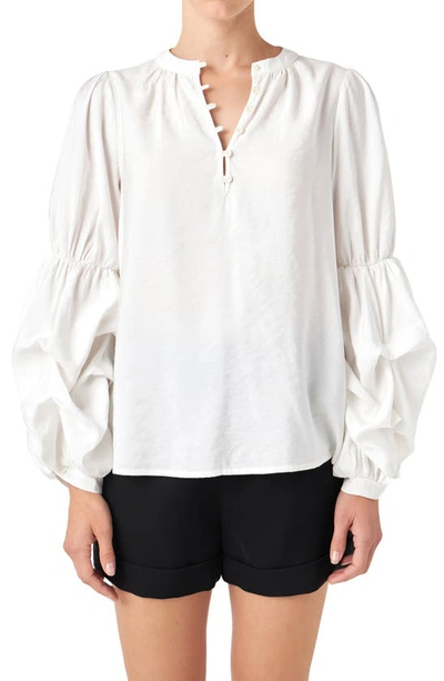 English Factory Gathered Sleeve Blouse In White