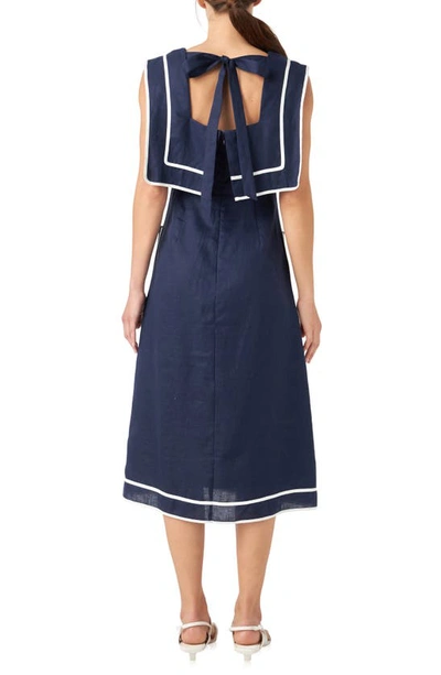 Shop English Factory Sleeveless Linen A-line Dress In Navy/ White