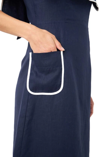 Shop English Factory Sleeveless Linen A-line Dress In Navy/ White