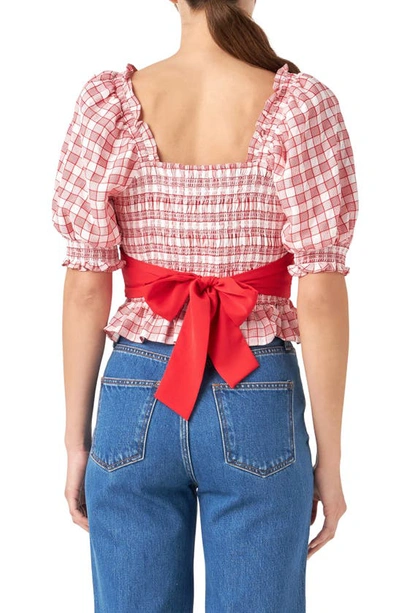 English Factory Check Smocked Bow Accent Top In Red