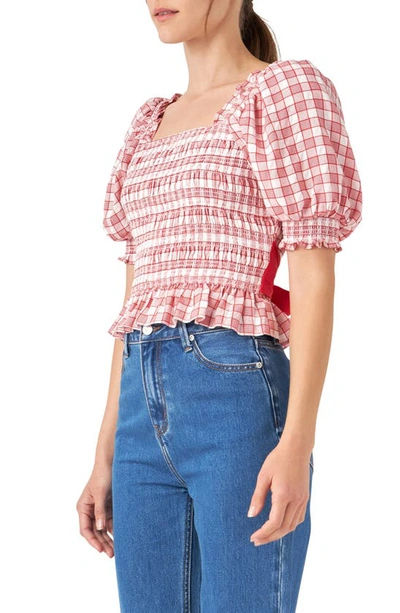 English Factory Check Smocked Bow Accent Top In Red