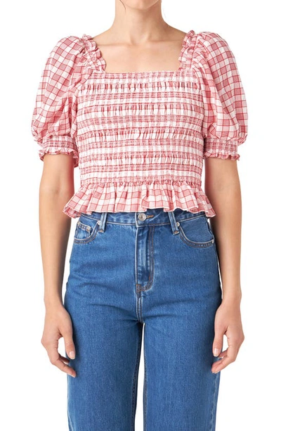 English Factory Check Smocked Bow Accent Top In Red