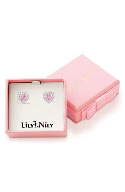 Lily Nily Kids' Cubic Zirconia Heart Halo Stud Earrings In Pink