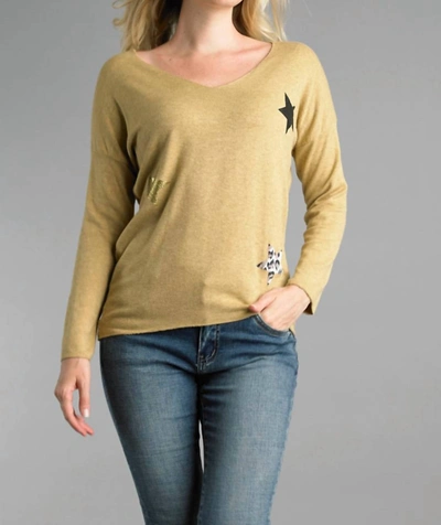 Tempo Paris Lightweight V Neckline Sweater With Stars In Mustard In Yellow