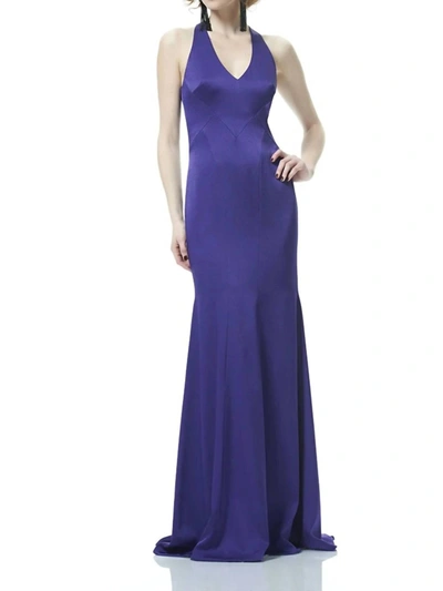 Shop Theia Crepe-back Satin Halter Gown In Purple