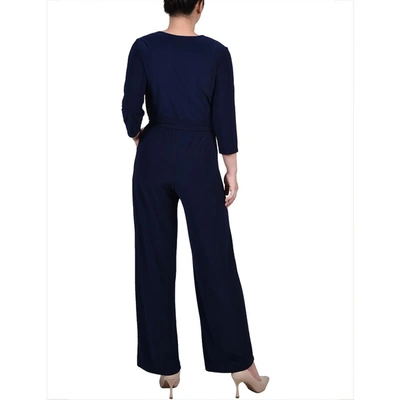 Shop Ny Collection Petites Womens Belted Wide Leg Jumpsuit In Blue