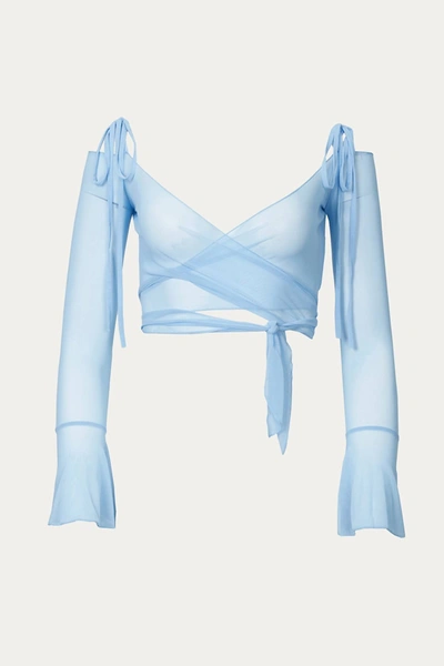 Shop Zemeta Sheer Mesh Wrap Cropped Top In Baby Blue