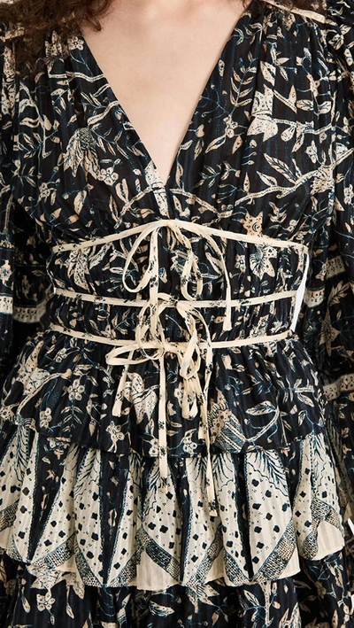 Shop Ulla Johnson Nina Jacquard Puff Sleeve Tiered Ruffle Skirt Mini Dress In Rainforest In Multi