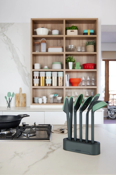 Lekue Essential Cooking Tool Set 5 Kitchen Utensils With Stand, Black In Green