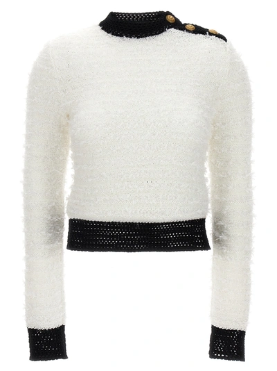 Shop Balmain Button Tweed Sweater Sweater, Cardigans White/black