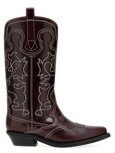 Shop Ganni Embroidered Western Boots, Ankle Boots Bordeaux