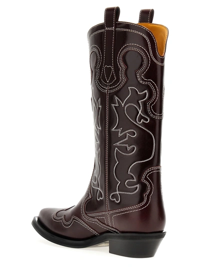Shop Ganni Embroidered Western Boots, Ankle Boots Bordeaux