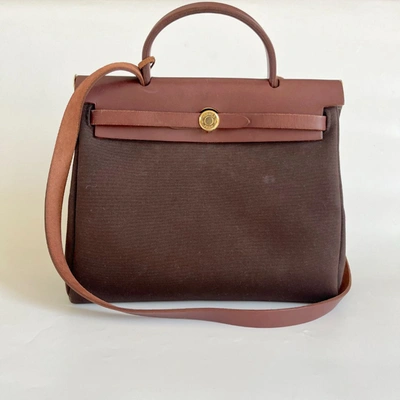 Hermes Chocolate Brown/Beige Toile and Leather Herbag 31 Bag