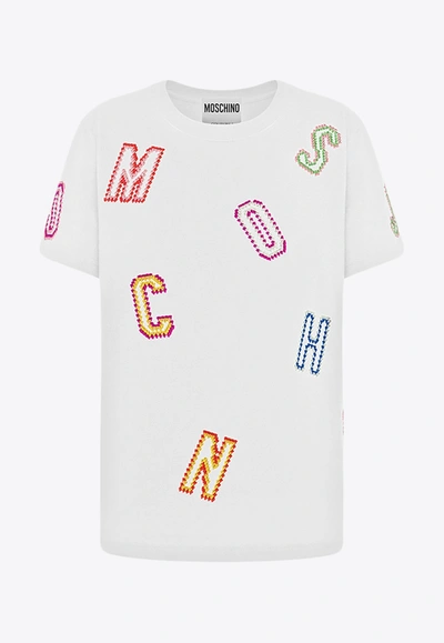 Shop Moschino Crochet Logo Lettering T-shirt In White