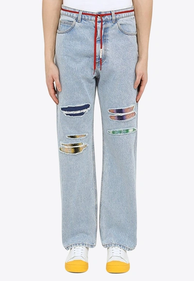 Shop Marni Distressed Drawstring Jeans In Blue