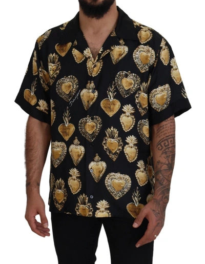 Shop Dolce & Gabbana Black Gold Heart Short Sleeve Silk Satin Men's Shirt