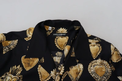 Shop Dolce & Gabbana Black Gold Heart Short Sleeve Silk Satin Men's Shirt