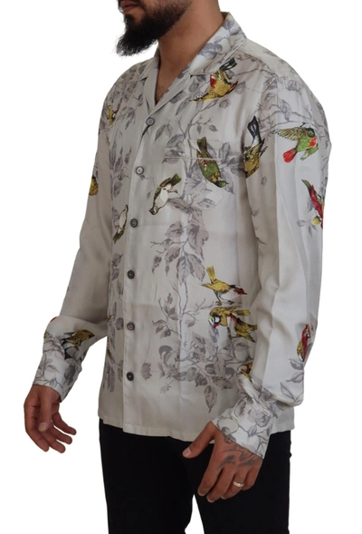 Shop Dolce & Gabbana White Bird Print Silk Satin Casual Men's Shirt