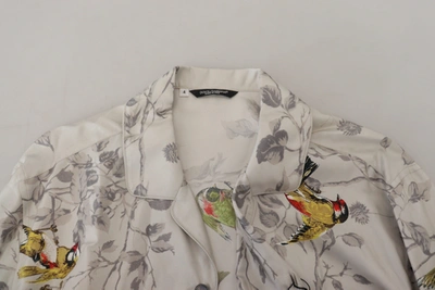 Shop Dolce & Gabbana White Bird Print Silk Satin Casual Men's Shirt
