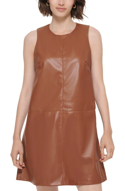 Shop Calvin Klein Faux Leather Sleeveless Trapeze Dress In Tortoise