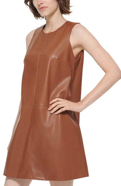 Shop Calvin Klein Faux Leather Sleeveless Trapeze Dress In Tortoise